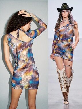Kim Shui Long Sleeve Asymmetrical Wave Print Mini Dress Medium Psychedelic Print